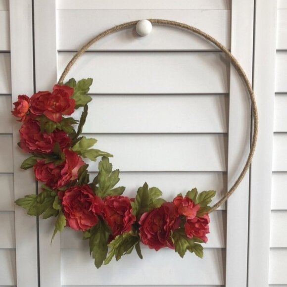 Other - Delicate Pinkish Red Feminine Flower Leaf Floral Decor Twine Tweed Hoop Wreath